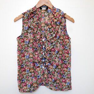 Early 90s Wrapper USA Floral Ruffle Button-Up Blouse – Small – Rose Buttons